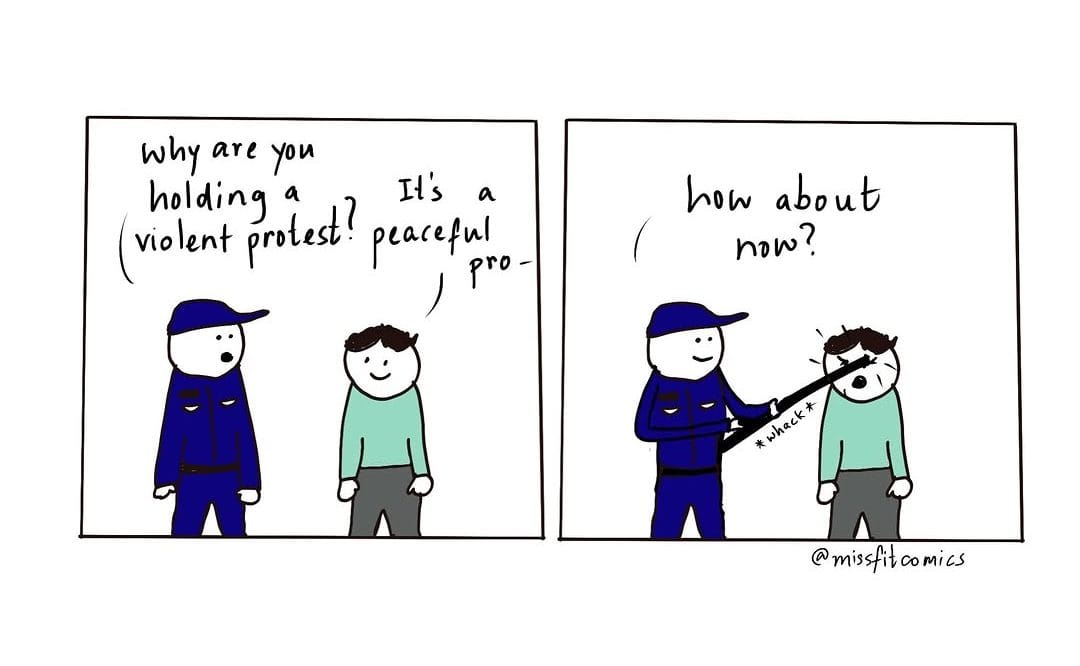 Comic strip showing a police officer talking about violence with a protester