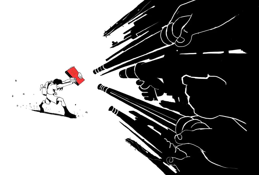 Sketch of a schoolboy holding up the Constitution against guns