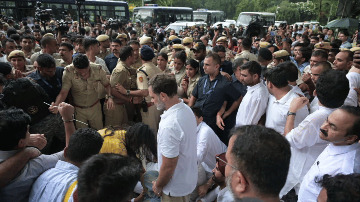 Lok Sabha LoP Rahul Gandhi, with Congress leaders Priyanka Gandhi Vadra, KC Venugopal, and others, holds a protest at Lok Kalyan Marg, demanding the resignations of Prime Minister Narendra Modi and Education Minister Dharmendra Pradhan, in New Delhi Tuesday | Suraj Singh Bisht | ThePrint