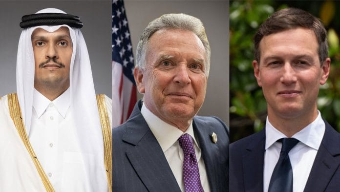 Qatar's Prime Minister and Foreign Minister Mohammed bin Abdulrahman bin Jassim Al-Thani meets US Special Envoy Steve Witkoff and Senior Adviser to US President Donald Trump, Jared Kushner (Photo/X/@MofaQatar_EN) | ANI