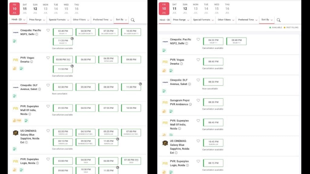 Shows of Alpha (left) and Baby Do Die Do (right) on BookMyShow. Images: screengrabs from BookMyShow