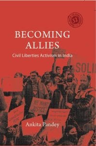 Cover image of 'Becoming Allies' by Ankita Pandey, featuring a greyscale photo of protesters washed into a red backdrop.
