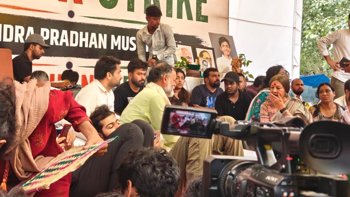 Yogendra Yadav and Brinda Karat with Dipke, others at Jantar Mantar on 18 July 2026 | Mayank Kumar/ThePrint