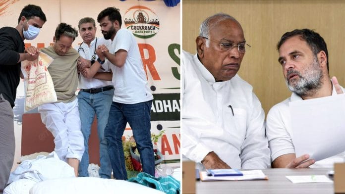 Environmentalist Sonam Wangchuk is helped up by Cockroach Janta Party founder Abhijeet Dipke and others on the 18th day of his hunger strike at Jantar Mantar in New Delhi; Congress leaders Mallikarjun Kharge and Rahul Gandhi | Suraj Singh Bisht/ANI