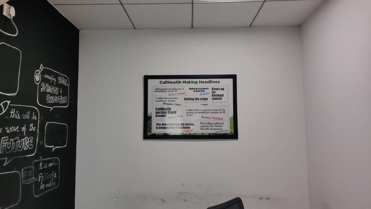 Media coverage of CallHealth framed at its office in Madhapur | Amrtansh Arora/ThePrint
