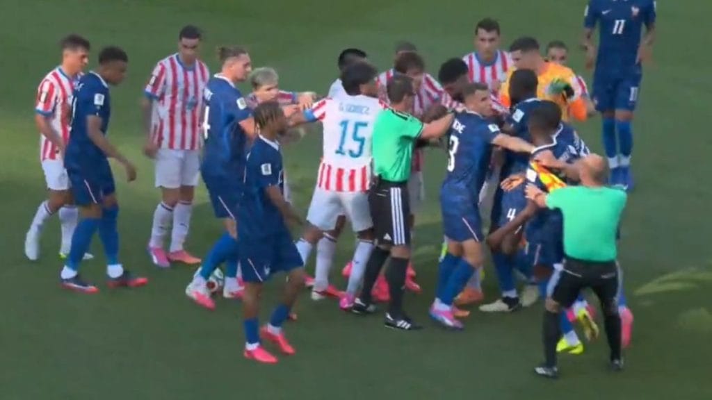A scuffle broke out between Paraguayan and French players after a tackle on Kylian Mbappe | Screengrab from X video
