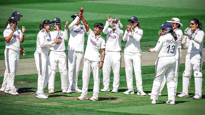 Kranti gaud after taking a five-wicket haul in the match against England. India won the first-ever women's Test match at Lord's | Photo: @BCCIWomen/X