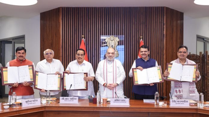 Union Home Minister Amit Shah with Madhya Pradesh CM Mohan Yadav, Gujarat CM Bhupendra Patel, Jal Shakti minister CR Patil, Maharashtra CM Devendra Fadnavis, and Rajasthan CM Bhajan Lal Sharma | Photo: @AmitShah/X