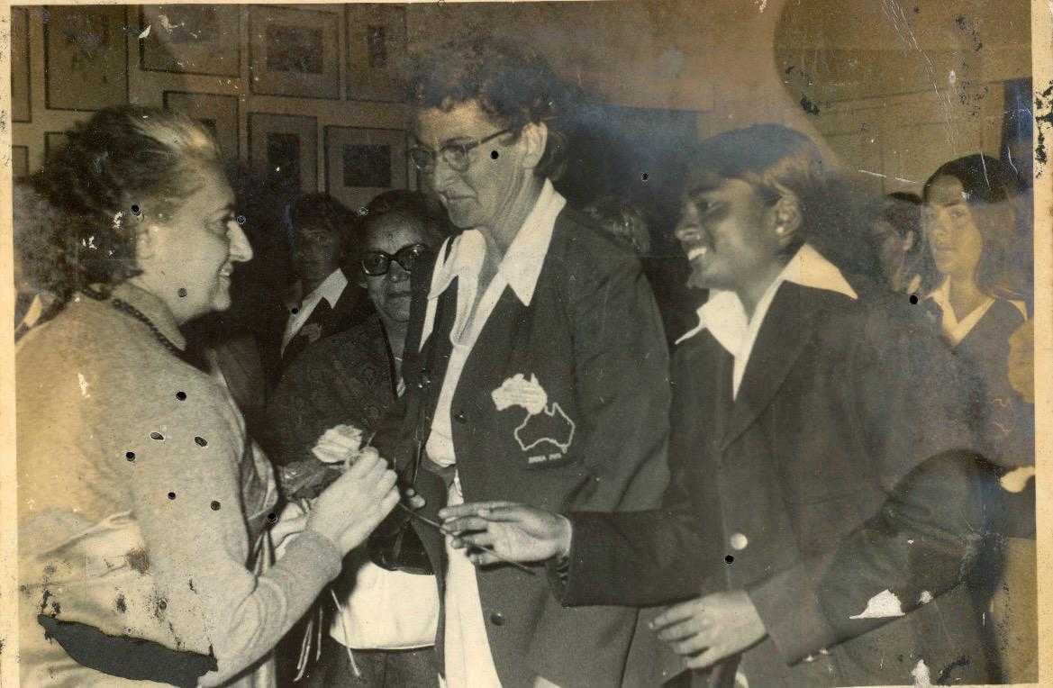 Captain Sudha Shah with PM Indira Gandhi, after the second Test match against Australia in 1975, Delhi | Photo courtesy: Sudha Shah