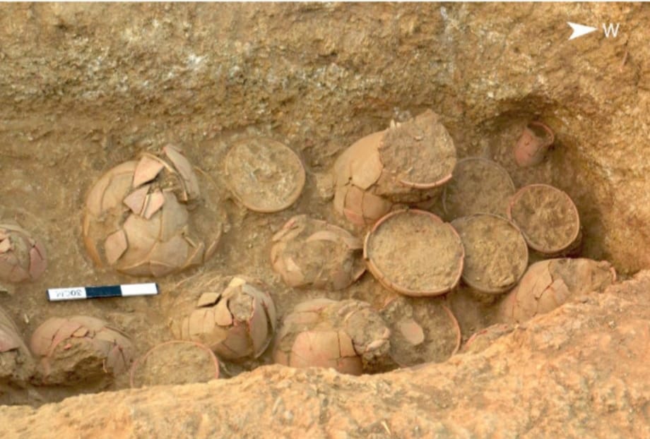 Dishes, dish-on-stands, medium- and large-sized pots, cylindrical vases and beakers unearthed at Dhaneti, an Early Harappan burial site in Gujarat | Photo by special arrangement