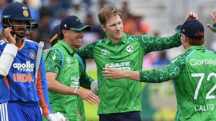 Ireland cricketers celebrate after defeating India in the second T20I match to register a clean sweep | Photo: ICC/X