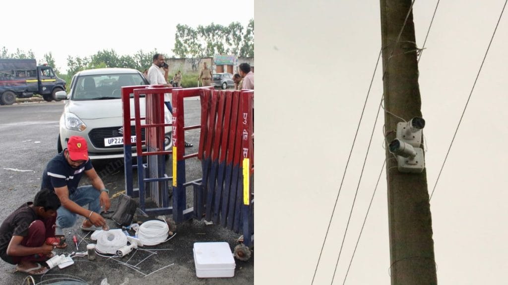 Police installing CCTV in front of the university on Tuesday. Nikitha Arathi Naveen | ThePrint