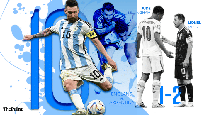 Jude Bellingham of England confronted Lionel Messi of Argentina in the 39th minute | Illustration: Shruti Naithani, ThePrint