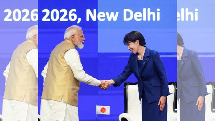 Prime Minister Narendra Modi exchanges a handshake with Japanese Prime Minister Sanae Takaichi at the India-Japan Joint Economic Forum, in New Delhi on Thursday | Narendra Modi Photo Gallery/ANI