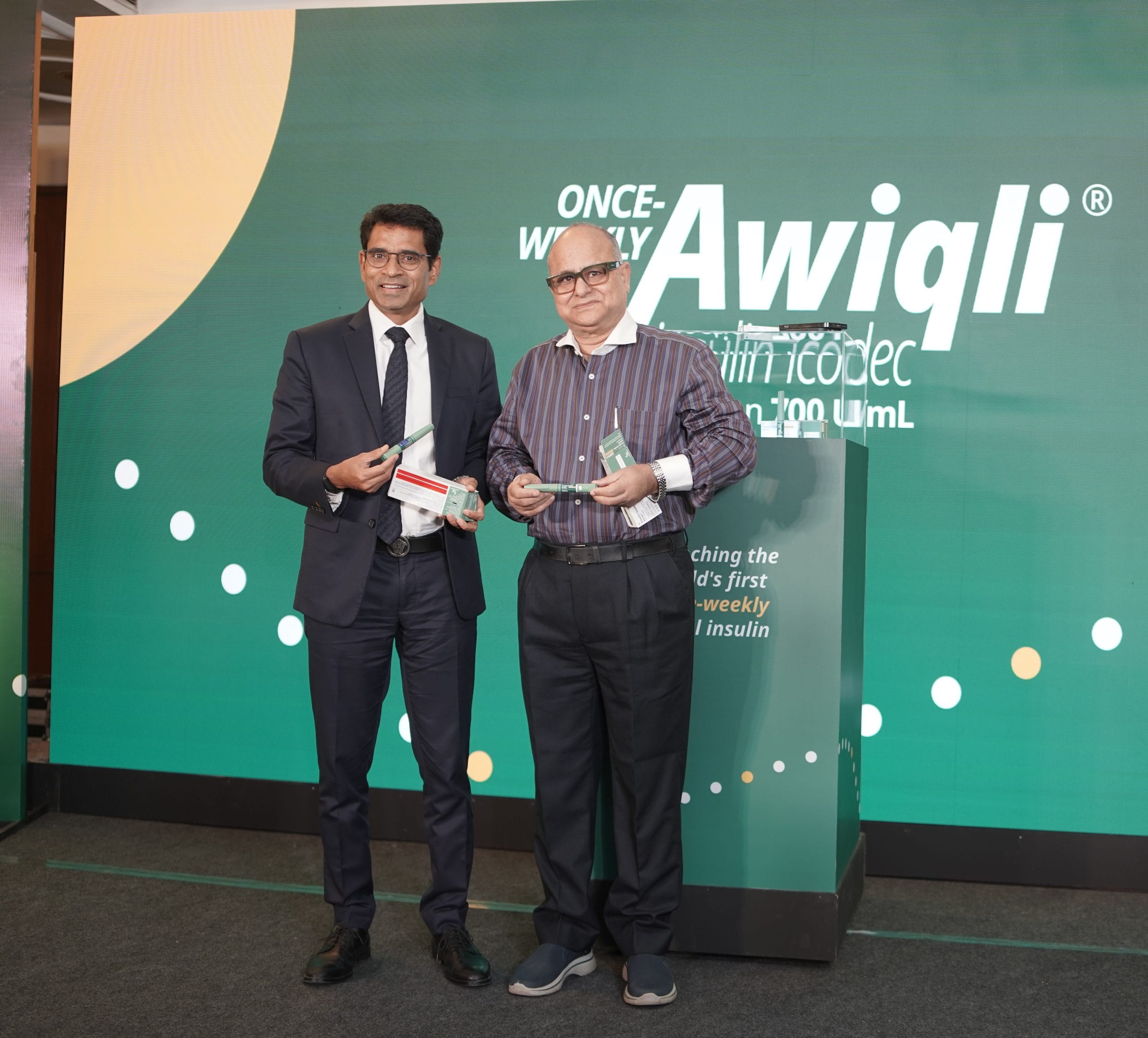 Novo Nordisk India MD Vikrant Shrotriya and Dr SK Wangnoo, Senior Consultant Endocrinologist and Diabetologist at Delhi's Indraprastha Apollo Hospital, at the launch of Awiqli Thursday | Source: Novo Nordisk