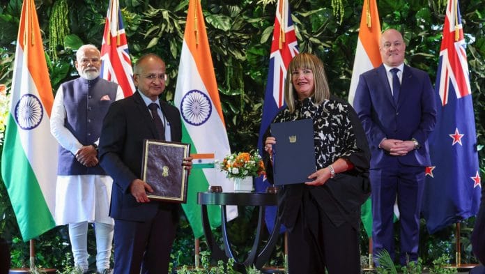 In this image received, Prime Minister Narendra Modi and New Zealand Prime Minister Christopher Luxon look on as delegates exchange Memorandums of Understanding (MoUs) between India and New Zealand, in New Zealand. (PMO via PTI Photo)