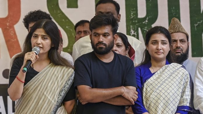New Delhi: Samajwadi Party MP Dimple Yadav, left, speaks as Cockroach Janata Party (CJP) founder Abhijeet Dipke, SP MLA Ragini Sonkar and others look on during her visit to climate activist Sonam Wangchuk, who is on a hunger strike at Jantar Mantar, in New Delhi, Thursday, July 16, 2026 | PTI