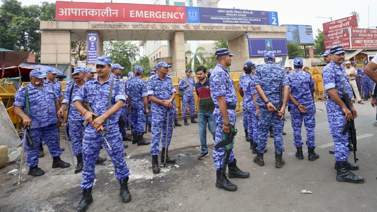 Rapid Action Force (RAF) personnel deployed outside Safdarjung Hospital in New Delhi where Sonam Wangchuk is being kept, on 18 July 2026 | By Special Arrangement