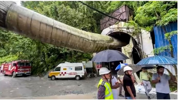 Rescue operations underway after about 25 people were trapped inside an under-construction tunnel after a landslide blocked its entrance and triggered a suspected gas leak, in Namchi district, Sikkim. Ten bodies have been recovered till 9.30 am on Tuesday. Seven of the deceased have been identified, while three unidentified bodies were sent to the District Hospital Singtam and STNM Hospital | PTI