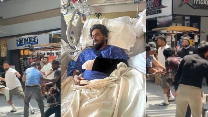 Stills from attack on Syed Sohailuddin; victim in hospital | X @ScopeReport_ / GoFundMe