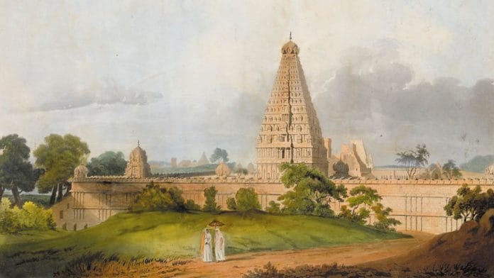The Great Temple at Tanjore. Aquatint, hand-coloured by Robert Havell Senior and John Bluck after Henry Salt, London, 1809 | Photo: Wikimedia Commons