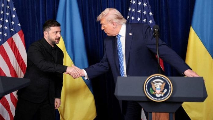 U.S. President Donald Trump and Ukrainian President Volodymyr Zelenskiy shake hands during a press conference after their lunch meeting at Trump’s Mar-a-Lago club, in Palm Beach, Florida, U.S., December 28, 2025. REUTERS/Jonathan Ernst/File Photo