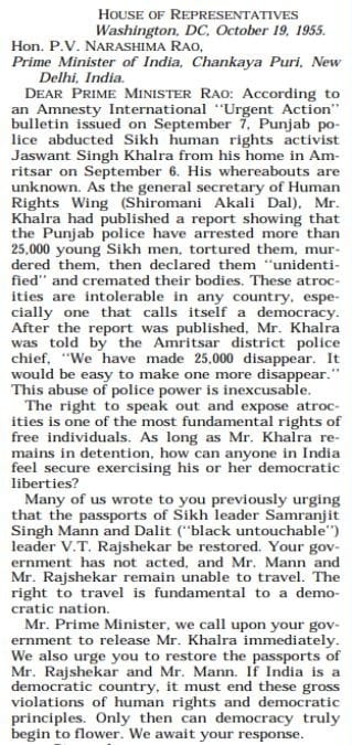 Members of the US House of Representatives wrote to Prime Minister PV Narasimha Rao urging that Khalra be released