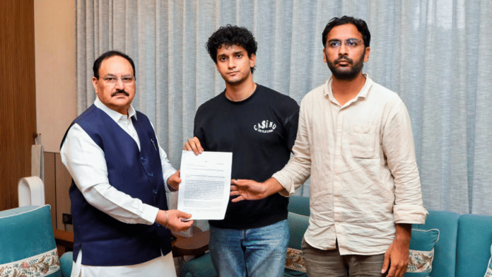Union Minister J.P. Nadda takes a memorandum from CJP spokespersons Saurav Das and Ashutosh Ranka in New Delhi on Monday | ANI