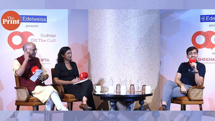 ThePrint Founder & Editor-in-Chief Shekhar Gupta, Senior Assistant Editor Soumya Pillai and Pawan Kumar Chandana, Founder and CEO of Skyroot Aerospace at ThePrint OTC in Hyderabad | ThePrint
