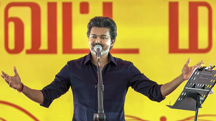 In this screengrab from a video posted on July 10, 2026, Tamil Nadu Chief Minister Vijay during the Peoples Meeting Program as part of his first official visit to Karur after he took up the reins as Chief Minister, in Karur, Tamil Nadu. | PTI