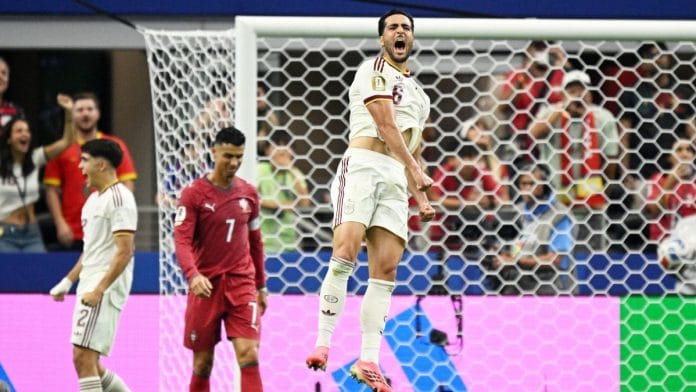 Spain's Mikel Merino celebrates after scoring their first goal against Portugal in the FIFA World Cup 2026 | Kai Pfaffenbach | Reuters