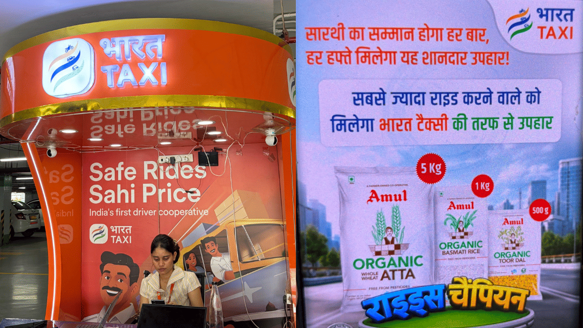 Bharat Taxi pick up point for mobile application users at Terminal 3 of Delhi Airport. | Bharat Taxi ad on incentives for drivers. | Udit Bubna/ThePrint