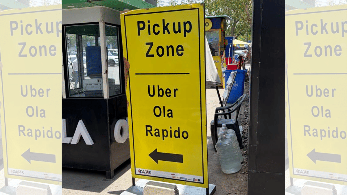 The pick-up zone for private ride-hailing apps at Terminal 1 of Delhi Airport. There is no pick-up zone for Bharat Taxi yet at T-1. | Udit Bubna/ThePrint