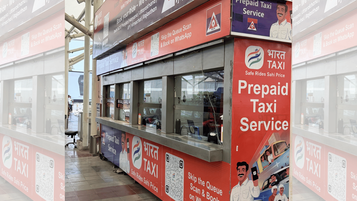 Bharat Taxi and Delhi Traffic Police kiosk of pre-paid taxi booking area at Terminal 1 of Delhi airport. | Udit Bubna/ThePrint
