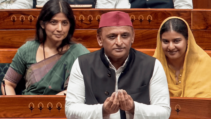 Samajwadi Party MP Akhilesh Yadav speaks in the Lok Sabha during the Monsoon Session of Parliament, in New Delhi on Tuesday | Sansad TV via PTI