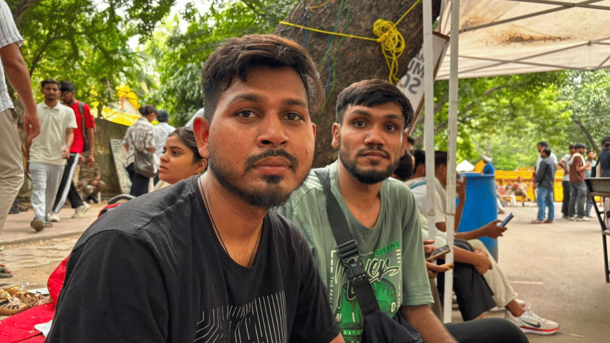 Sudatta Gajbhiye, 26, and his friend from Nagpur, Maharashtra joined the CJP protest at Delhi's Jantar Mantar on Saturday | Samridhi Tewari | ThePrint