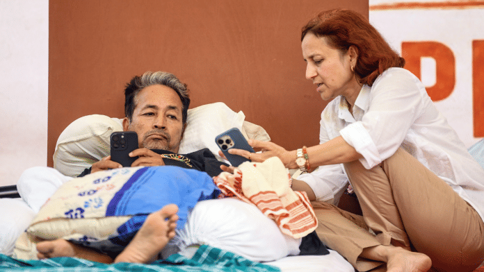File photo of environmentalist Sonam Wangchuk with his wife Gitanjali Angmo during his indefinite hunger strike at Delhi's Jantar Mantar | ANI
