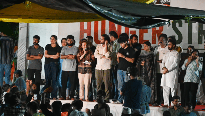 Sonam Wangchuk has agreed to end hunger strike if his conditions are fulfilled, said his wife Gitanjali Angmo (holding mic) on Sunday night | Suraj Singh Bisht | ThePrint