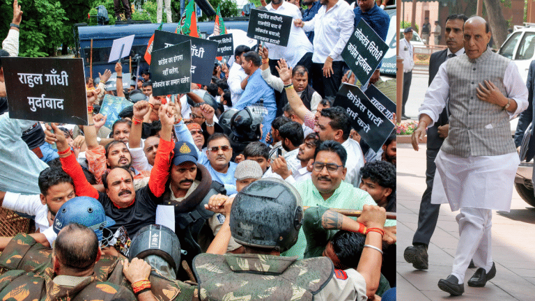 ‘Manufactured anger to mislead youth’: Rajnath slams Congress dharna, BJP holds counter-protests