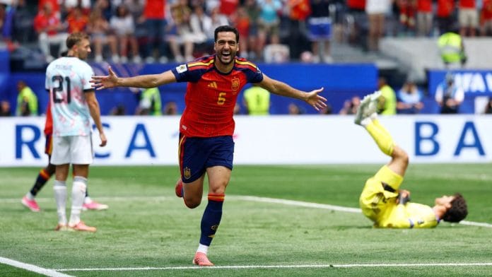 Mikel Merino of Spain celebrates after scoring their second goal against Belgium in the 2026 FIFA World Cup quarter-final clash | Kai Pfaffenbach | REUTERS