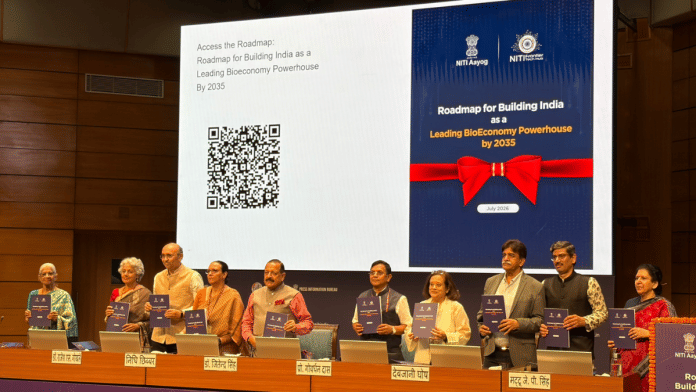 Jitendra Singh (fifth from left), MoS (Independent Charge) for Science & Technology, at the launch of NITI Aayog's bioeconomy powerhouse roadmap, in New Delhi on Thursday | Udit Bubna | ThePrint