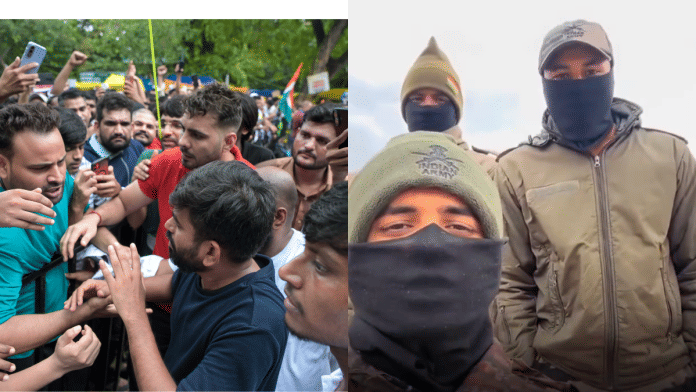 CJP founder Abhijeet Dipke with protesters at Jantar Mantar (left). | Screengrab from a video that purportedly shows soldiers pledging support to protest. The video has been dismissed as fake. | Suraj Singh Bisht/ThePrint, X
