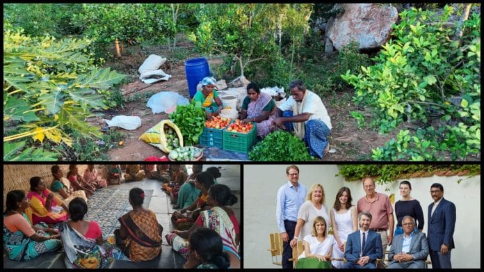 (Top) Farmers sit around a fresh produce of vegetables grown using natural farming methods; (left) women from a self-help group share farm knowledge with each other & Andhra Pradesh officials including T Vijay Kumar pose for a group photo after APCNF won 2026 Food Planet Prize in Sweden this June | AP govt & X