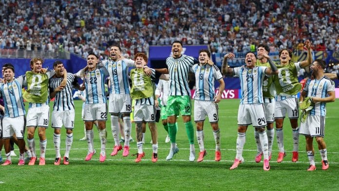 Argentina players celebrate after winning the FIFA World Cup Round of 16 match against Egypt | Carlos Barria | Reuters