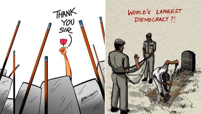 Two cartoons about the CJP protest and police crackdown
