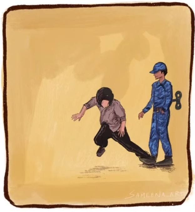 A sketch of an officer tripping up a running protester