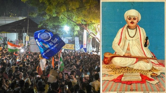 Protesters at Jantar Mantar, and a painting of saint Tukaram by Raja Ravi Varma | Photos: Suraj Singh Bisht, Wikimedia Commons