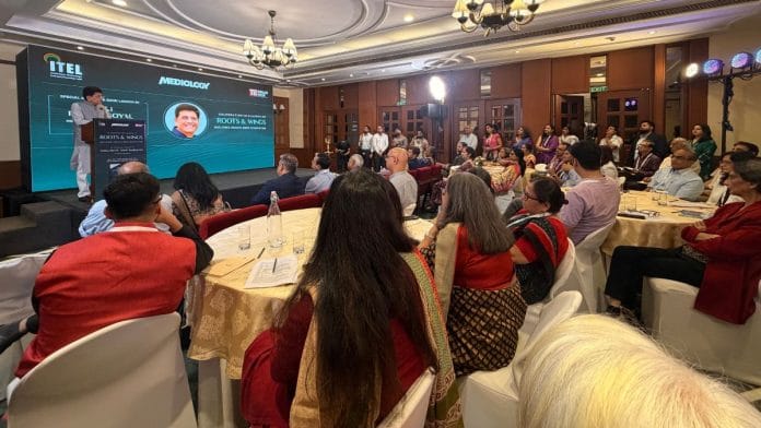 Commerce and Industry Minister Piyush Goyal addresses the audience at the India Habitat Centre on Tuesday | Saman Husain, ThePrint