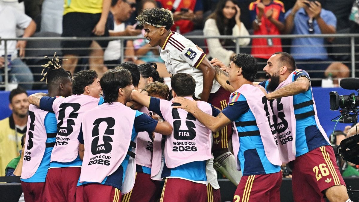 Lamine Yamal of Spain celebrates with teammates after Pedro Porro scores their second goal | Maria Lysaker | Reuters
