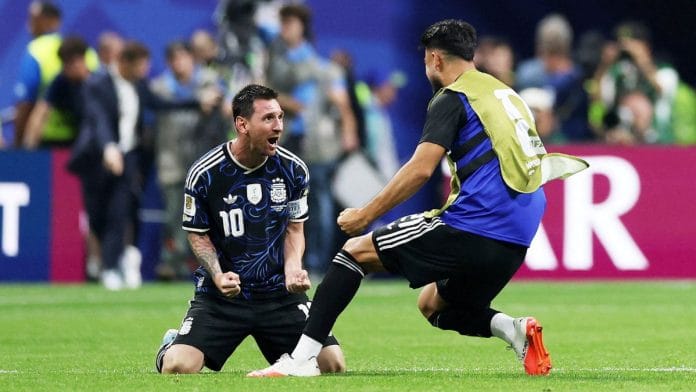 Lionel Messi of Argentna celebrates after defeating England in the 2026 FIFA World Cup semi final | Paul Childs | Reuters